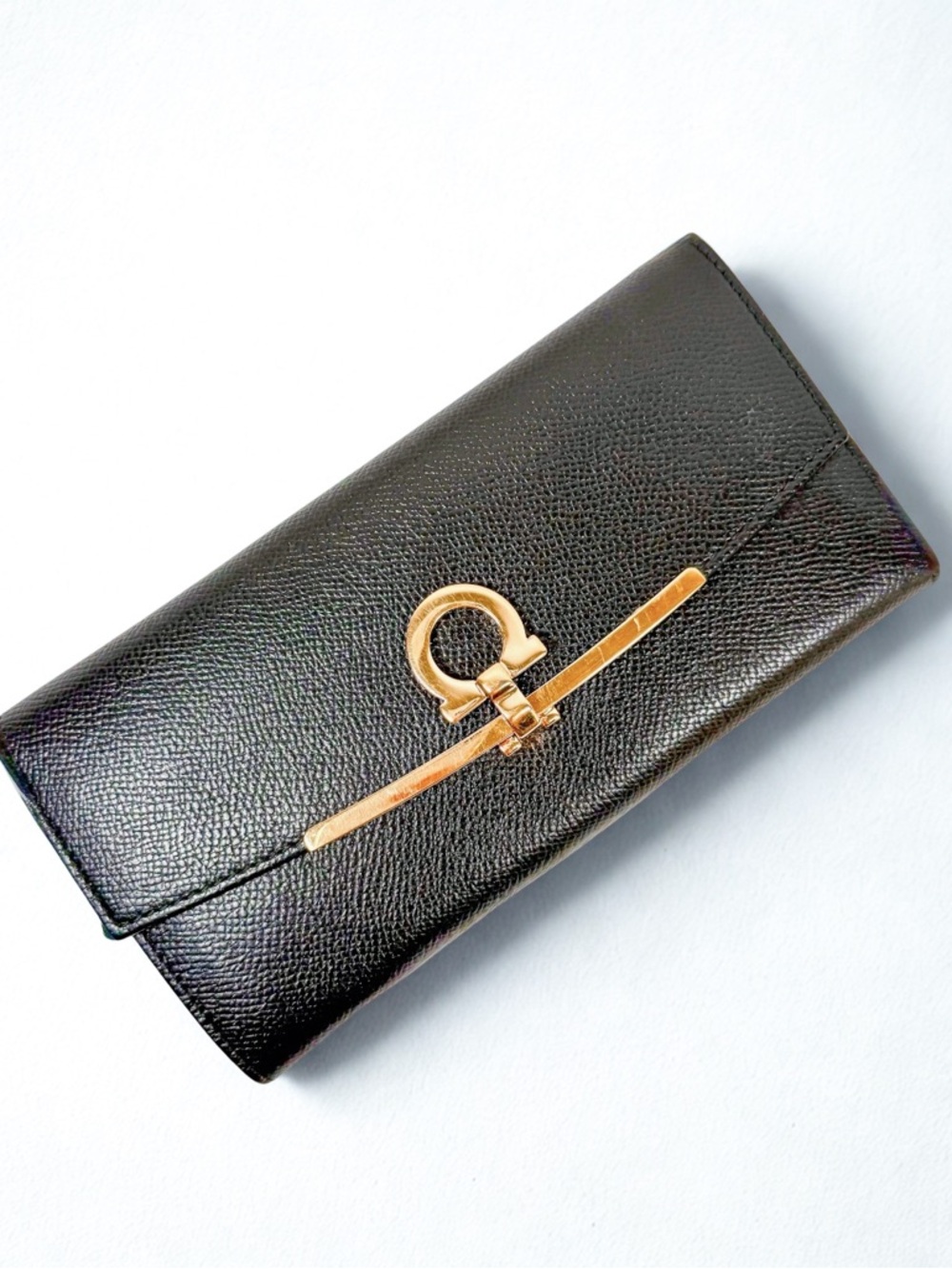Salvatore Ferragamo Black Leather Continental Wallet with Gold Gancini